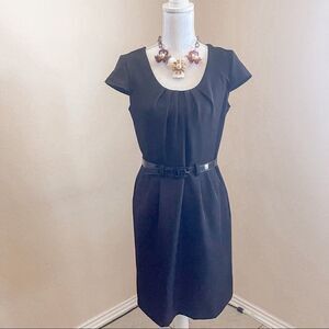 Olivia Matthews Black Cap Sleeve Midi Sheath Dress with Belt SZ 10P EUC